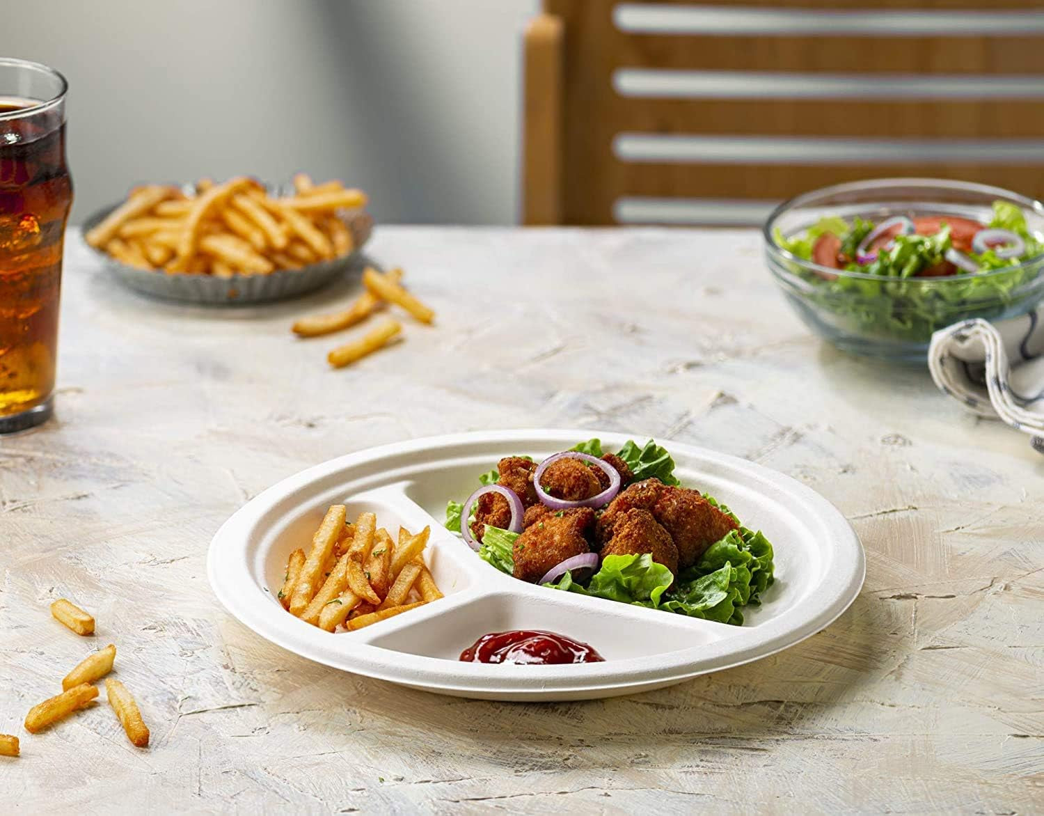 9 Inch 125 Pack 3 Compartment Heavy-Duty White Paper Plates, 100% Compostable & Biodegradable