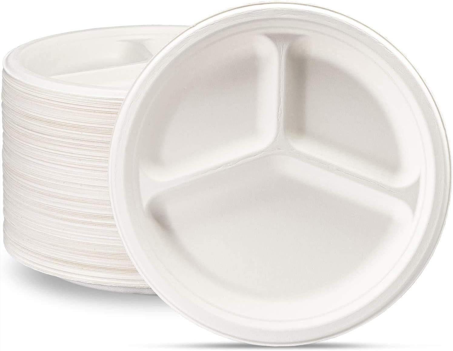9 Inch 125 Pack 3 Compartment Heavy-Duty White Paper Plates, 100% Compostable & Biodegradable