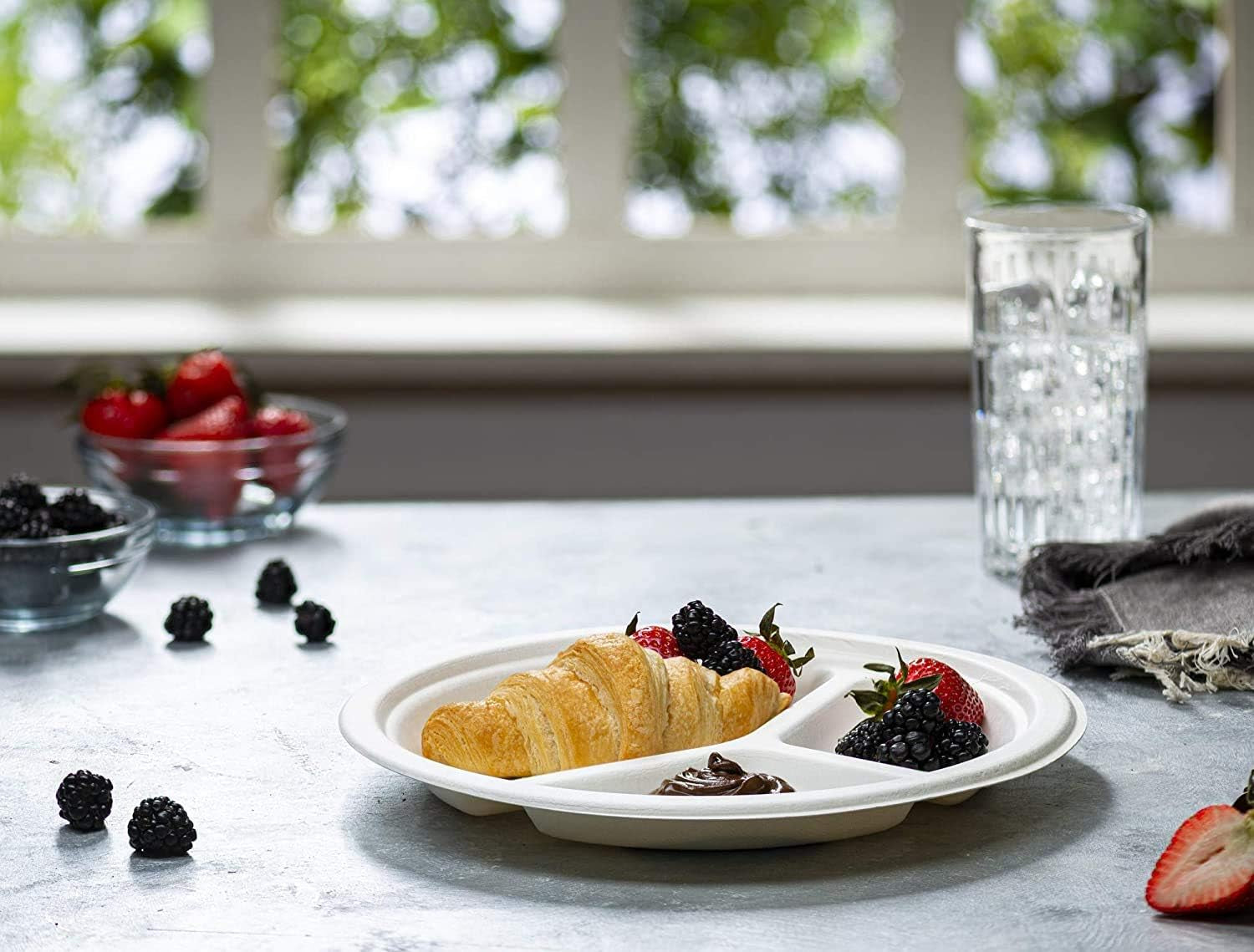 9 Inch 125 Pack 3 Compartment Heavy-Duty White Paper Plates, 100% Compostable & Biodegradable