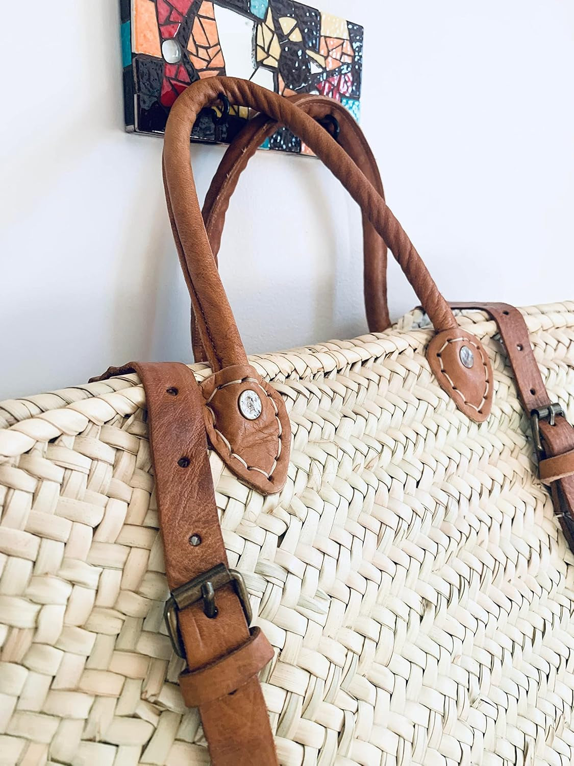 Palm Leaf Taza Backpack, Straw & Leather Moroccan Basket, Brown