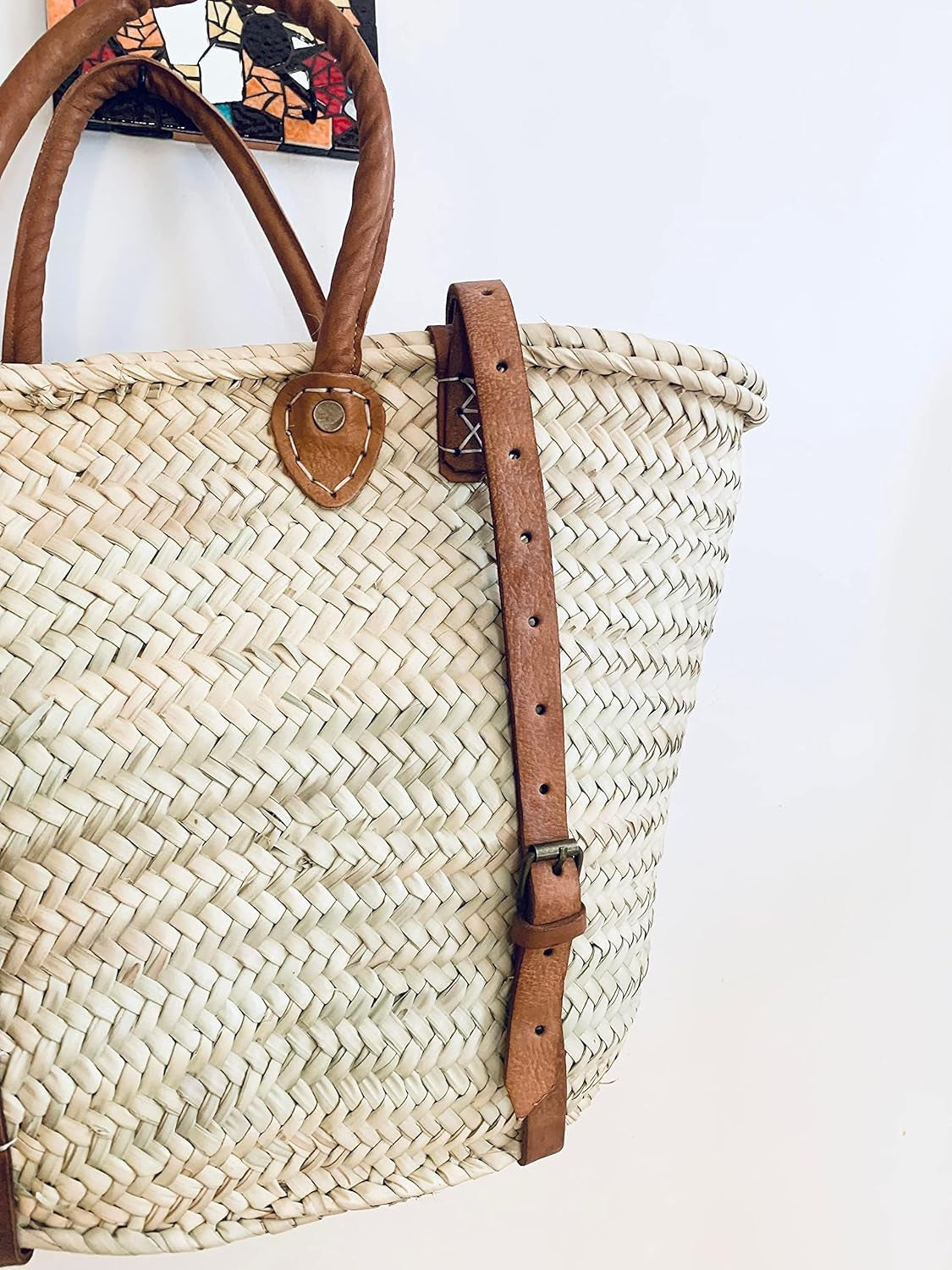 Palm Leaf Taza Backpack, Straw & Leather Moroccan Basket, Brown