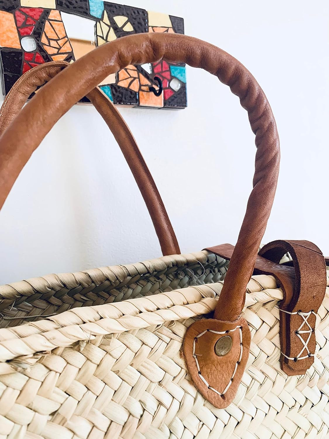 Palm Leaf Taza Backpack, Straw & Leather Moroccan Basket, Brown