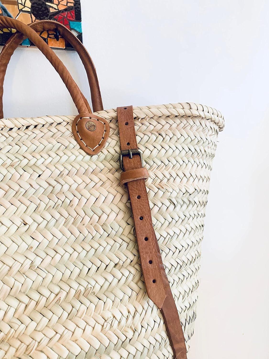 Palm Leaf Taza Backpack, Straw & Leather Moroccan Basket, Brown
