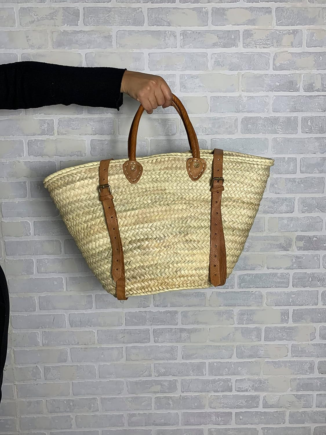 Palm Leaf Taza Backpack, Straw & Leather Moroccan Basket, Brown