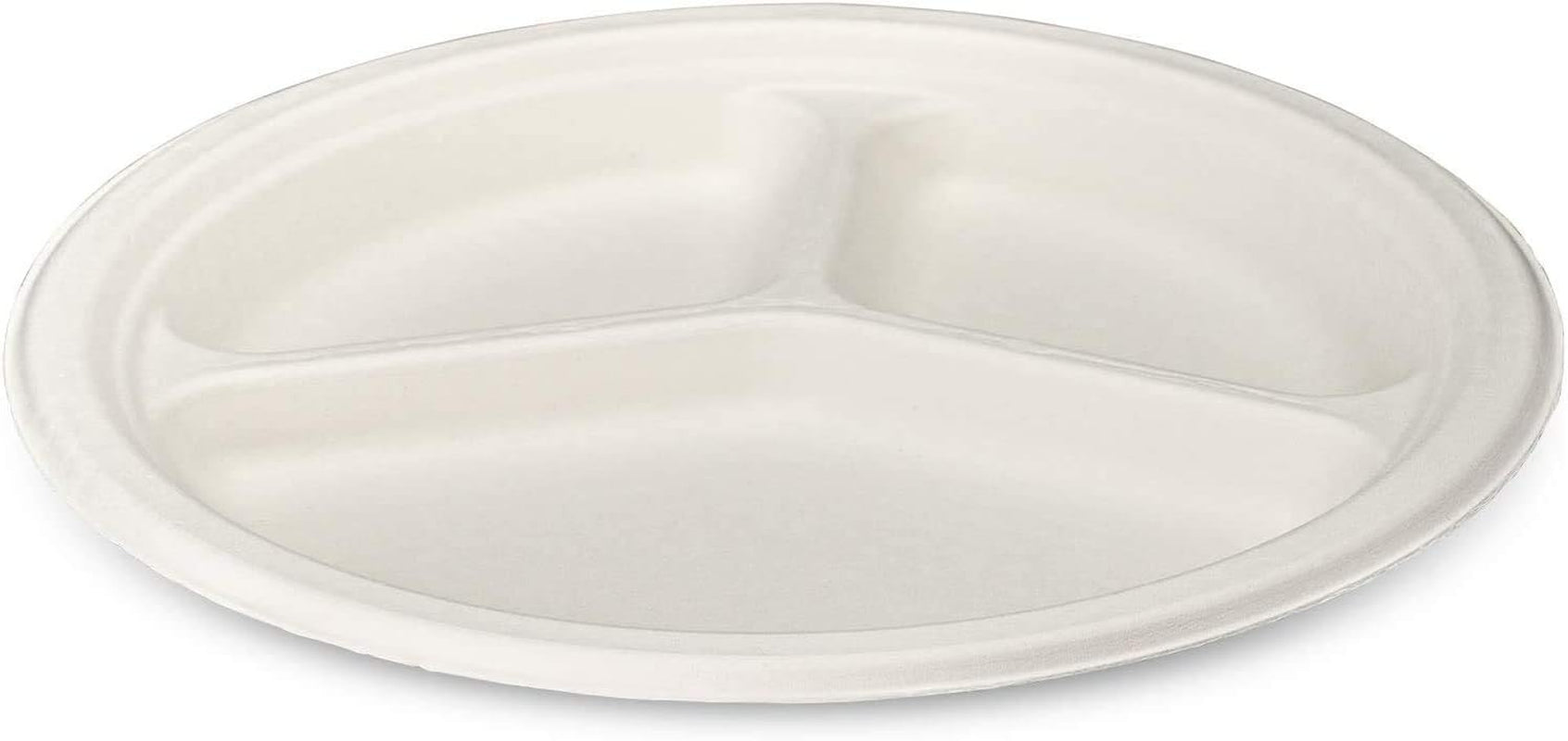 9 Inch 125 Pack 3 Compartment Heavy-Duty White Paper Plates, 100% Compostable & Biodegradable