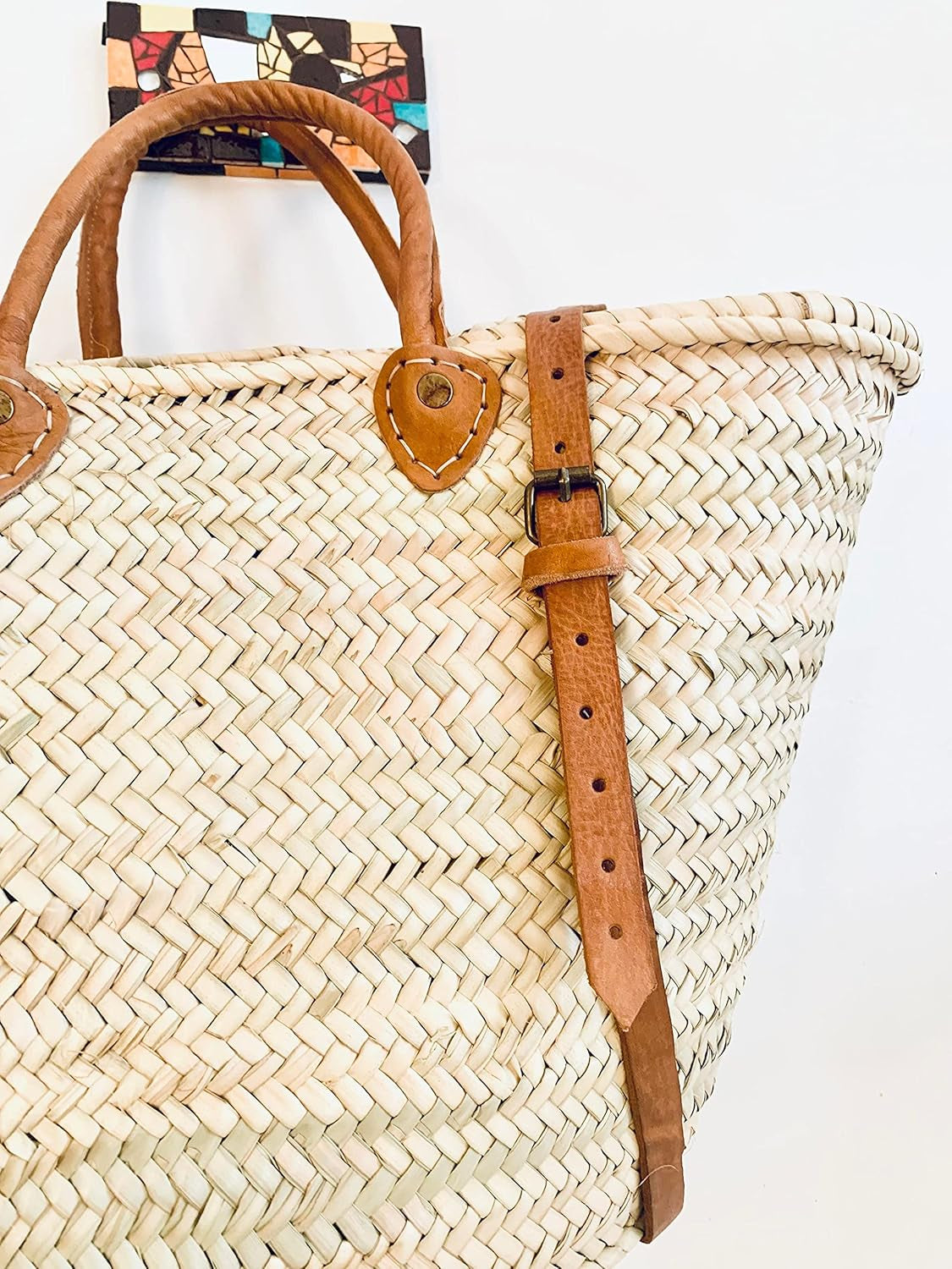 Palm Leaf Taza Backpack, Straw & Leather Moroccan Basket, Brown
