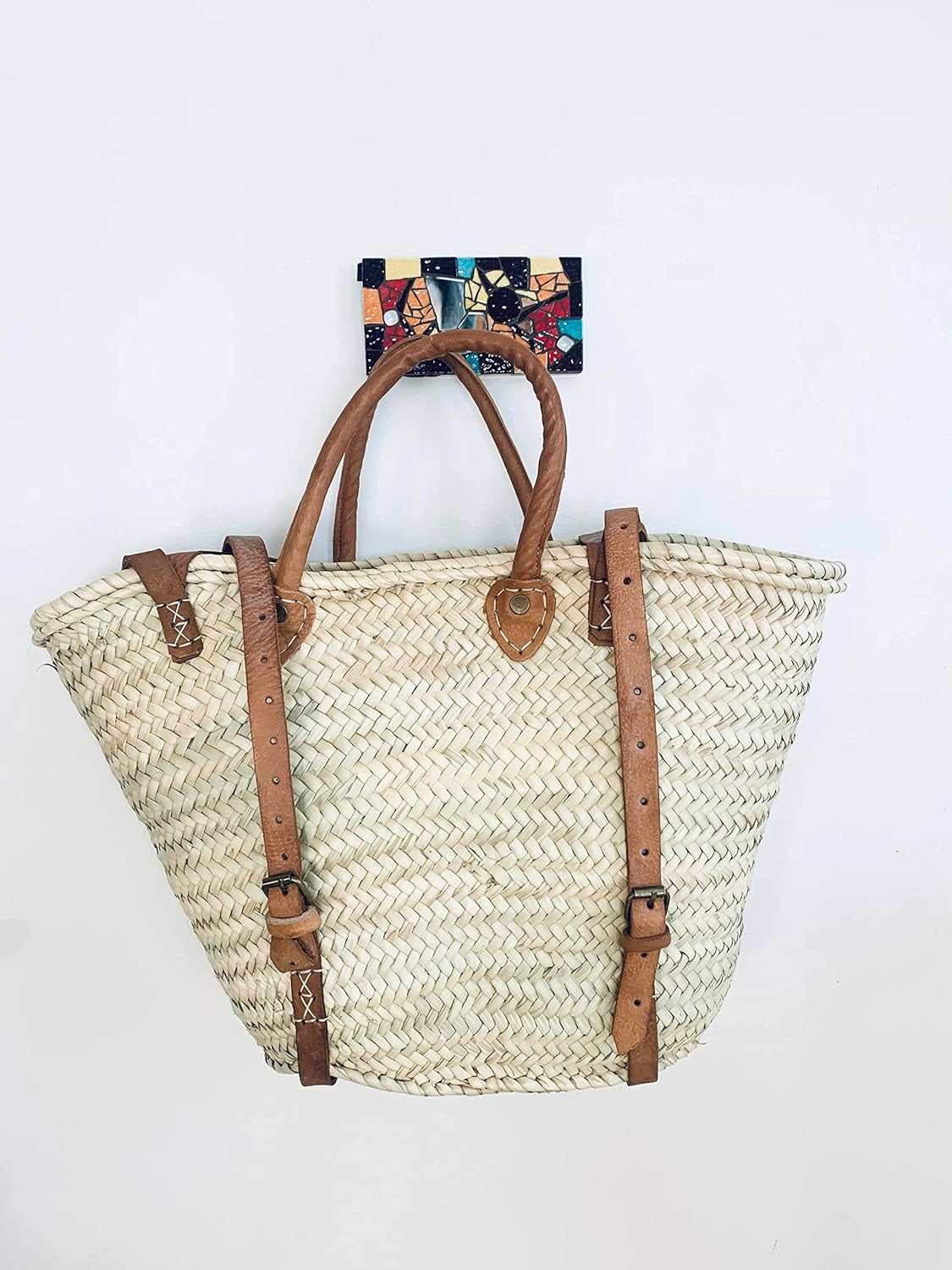 Palm Leaf Taza Backpack, Straw & Leather Moroccan Basket, Brown