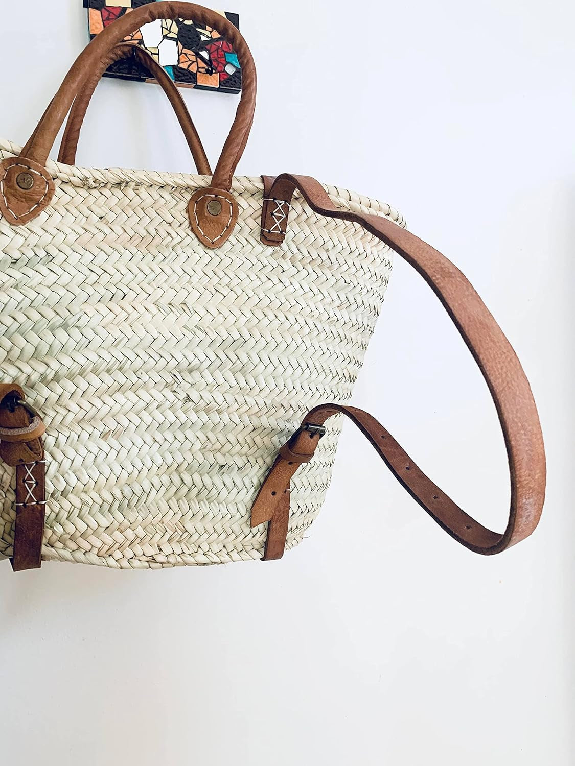 Palm Leaf Taza Backpack, Straw & Leather Moroccan Basket, Brown