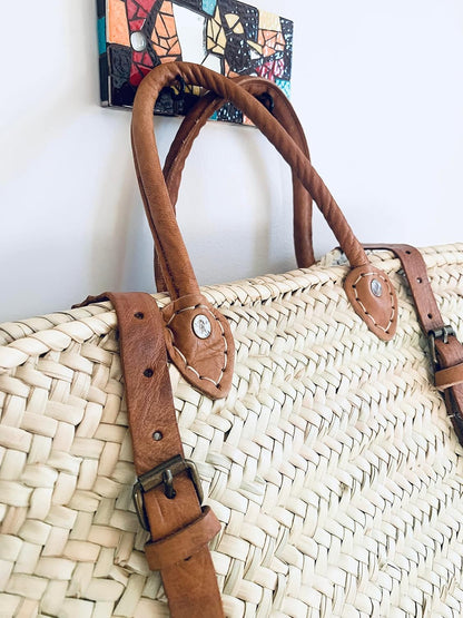 Palm Leaf Taza Backpack, Straw & Leather Moroccan Basket, Brown