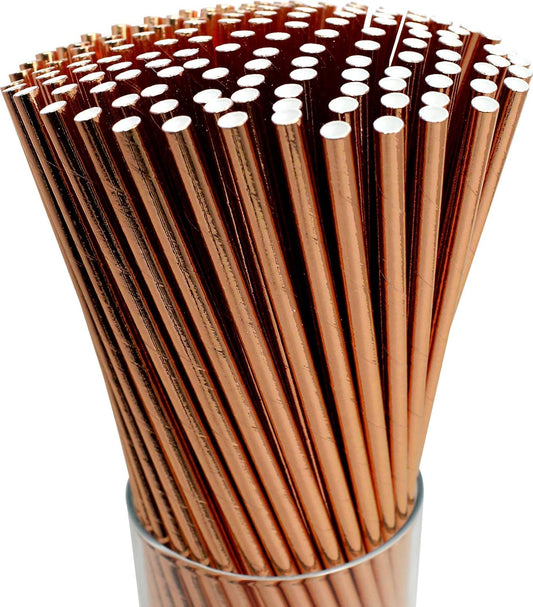 150-Pack Biodegradable Rose Gold Paper Straws - Cake Pop Sticks for Weddings, Birthdays, Anniversaries, Holiday Celebrations - Disposable Drinking Straws and Party Supplies