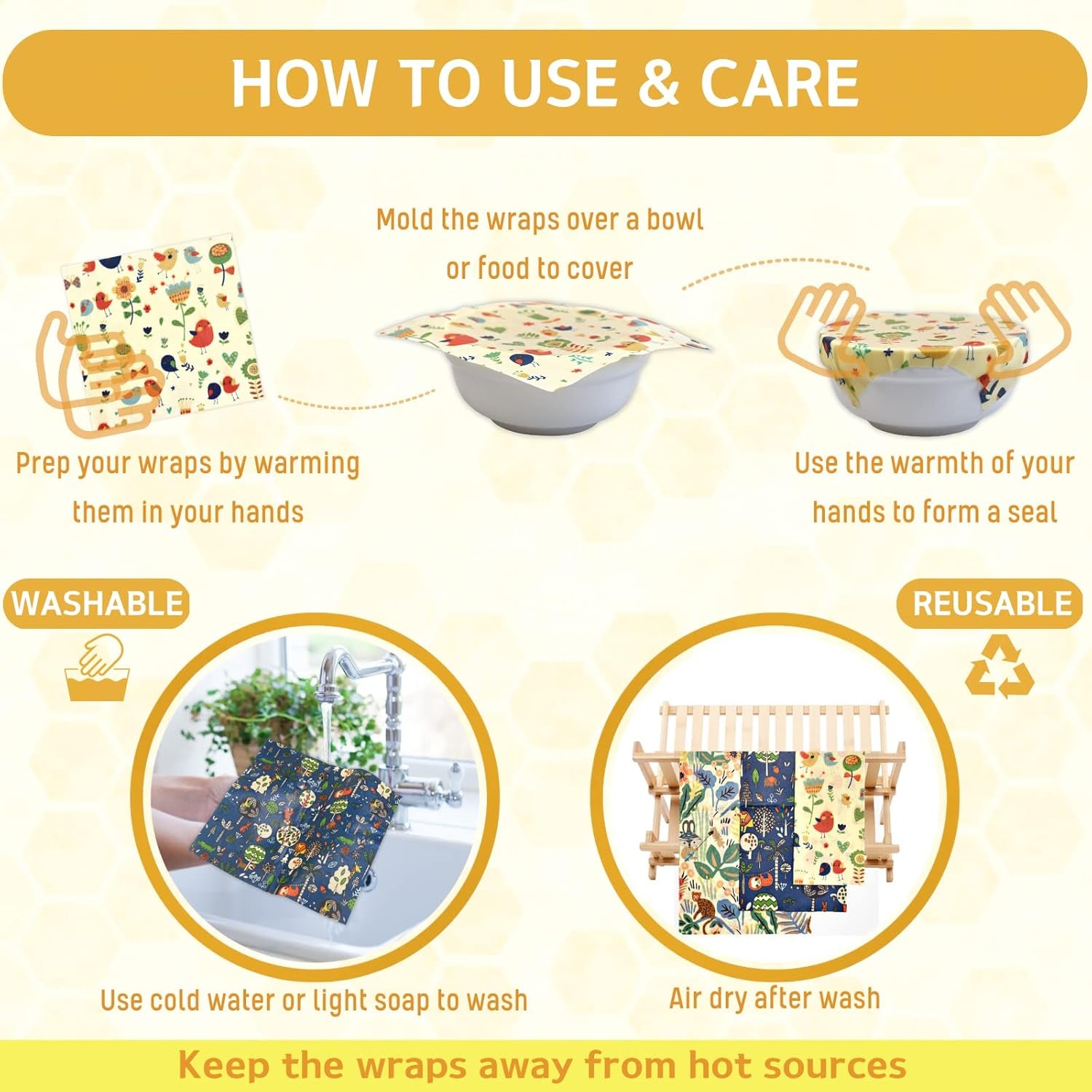 Reusable Beeswax Wrap - 9 Pack Beeswax Wraps for Food, Eco-Friendly Beeswax Food