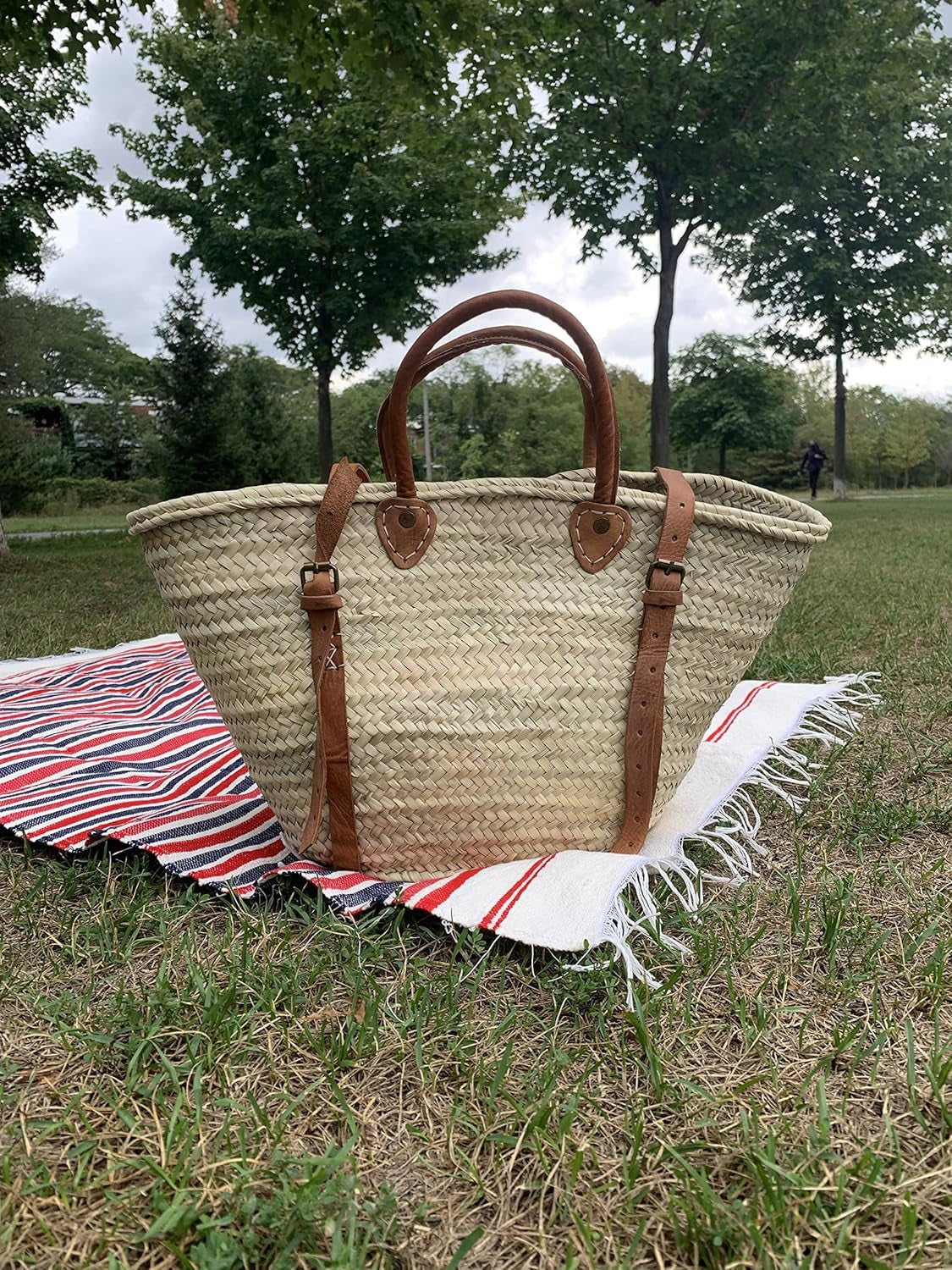 Palm Leaf Taza Backpack, Straw & Leather Moroccan Basket, Brown