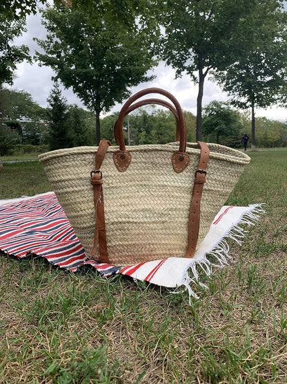Palm Leaf Taza Backpack, Straw & Leather Moroccan Basket, Brown
